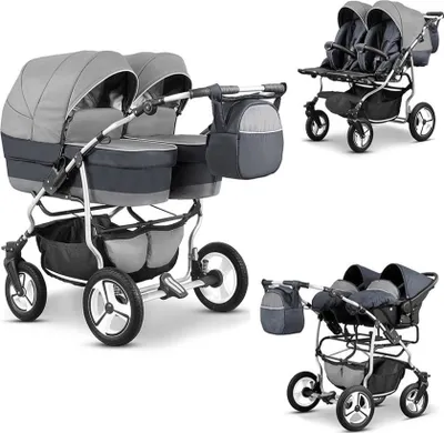 Produktbild von Zwillingskinderwagen Twin Star 4 in 1 Set in Hellgrau-Dunkelgrau - 13 Teile - in 16 Farben erhältlich