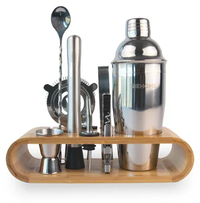 Produktbild von 2BEHOME Cocktail-Shaker-Set mit Halterung – 11-teiliges Barset mit 750-ml-Shaker und Cocktail-Rezeptbuch