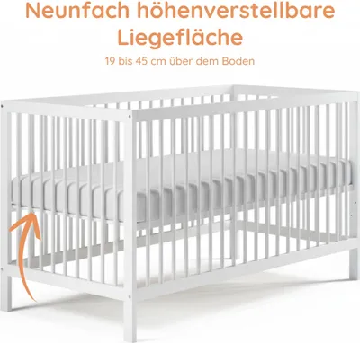 Produktbild von Babybett Kinderbett Gitterbett höhenverstellbar & herausnehmbare Sprossen Buchenholz sehr stabil, weiss, 60x120 cm
