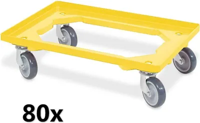 Produktbild von 80x Transportroller für 600 x 400 mm Eurobehälter, gelb, 4 Lenkrollen, graue Gummiräder