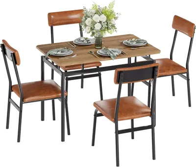 Produktbild von Essgruppe 4 Personen - Tisch und 4 gepolsterte Metallstühle - Tischplatte in Holzoptik - Moderner Stil - Platzsparend für kleine Essbereiche - Braun