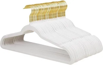 Produktbild von Famanu Kleiderbügel aus Samt - Antirutsch und ultradünn - Platzsparend mit 360 Grad drehbarem goldenen Haken - 48 Stück - Weiß