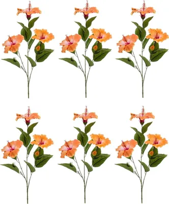 Produktbild von 6er Set künstliche Hibiskuszweige mit 3 Blüten orange H 82cm Emerald Kunstblumen