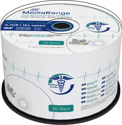 Zdjęcie produktu dla MediaRange MR429, DVD-R, 120 mm, Nadający się do druku, Pudełko CD/DVD cakebox, 50 szt., 4,7 GB
