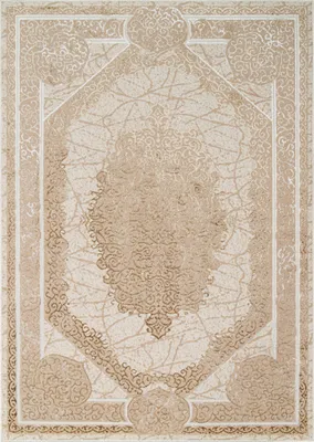 A top-down view of a rectangular rug with a classic design.