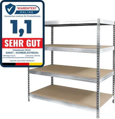 A metal shelving unit with particle board shelves, displayed against a white background, with a prominent product review badge on the left.