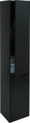 A black cabinet with its doors slightly ajar, revealing some folded items inside.