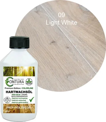A bottle of wood oil with a circular inset showing a wood sample.