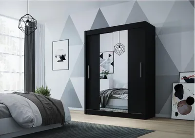 Produktbild von Easy4You D2 120 cm Schwarz Schiebetüren Kleiderschrank 120x200x58 cm mit Spiegel - Schlafzimmermöbel, Aufbewahrung - Mehrzweckschrank