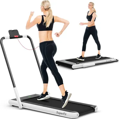Two women are shown using treadmills in a studio setting.