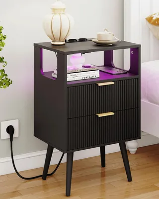 Nachtkästchen mit Ladestation, LED, 2 Schubladen, Holzregal, schwarz