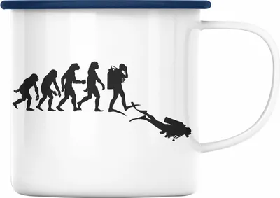 Produktbild von Trendation - Taucher Emaille Tasse Geschenk Emaille Emaille Tasse Geschenkidee Männer Tauchen Evolution Grafik Tauchlehrer Tauchsportler (Blau)