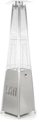 A tall, pyramid-shaped gas heater with a silver finish, shown against a white background.