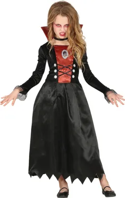 Produktbild von Vampir Halloween Kleid Kind Schwarzer Umhang Rotes Futter Mystisch, Größe: 110/116 Farbe: Schwarz