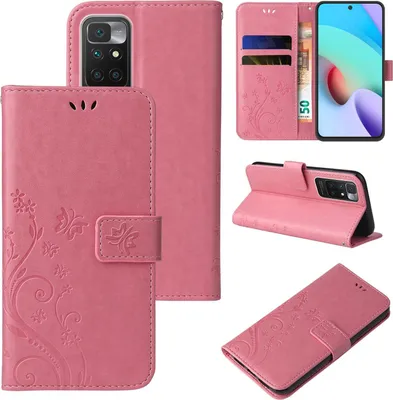 A collage of images showing a rose gold floral and butterfly patterned flip phone case for a Xiaomi Redmi 10.