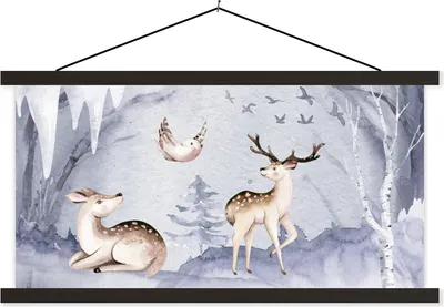 Produktbild von MuchoWow® Textilposter Winter - Hirsche - Vögel 60x30 cm mit schwarzem Rahmen - Textilien