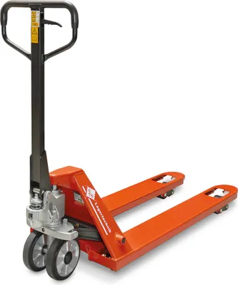 Produktbild von Gabelhubwagen, Tragkraft 2500 kg, blutorange RAL 2002 , LxBxH 1550 x 540 x 1200 mm, Deichsel schwarz, Gabellänge 1150 mm