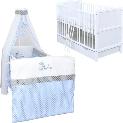 Produktbild von Baby-Delux Babybett Kinderbett Jack 140×70 weiß inkl. Schublade Bettwäsche komplett Set Prince Stars