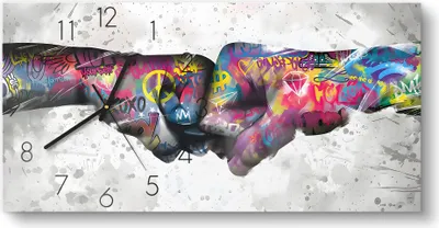 Produktbild von DEQOART Glasuhr 60x30 cm Zahlen 'Graffiti-Handschlag' Wanduhr Glas Uhr Design leise Küchenuhr