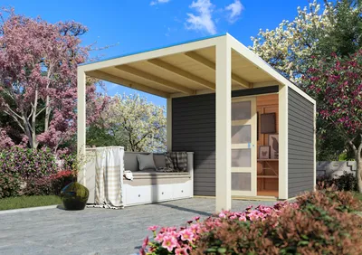 Produktbild von Karibu Gartenhaus Gerätehaus Qubic 1 im Set mit Anbaudach  terragrau 485x246x214 cm