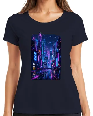 Zdjęcie produktu dla Koszulka damska z motywem cyberpunkowym, neonowy futurystyczny design, scifi, noc w Tokio, Japonia, styl Y2K, vaporwave, kolor granatowy, rozmiar L