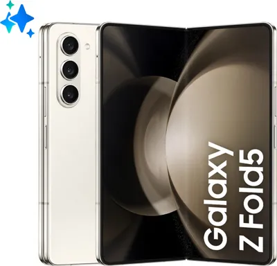 A folded Samsung Galaxy Z Fold5 smartphone is shown against a white background.