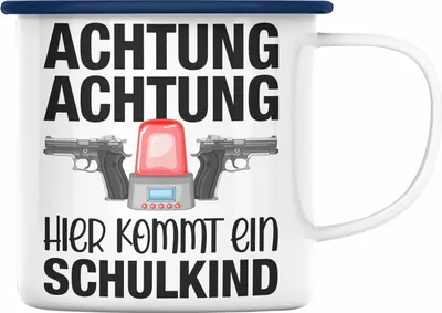 Produktbild von Trendation - Einschulung Junge Achtung Schulkind Geschenk für Schultüte Füllung Emaille Tasse Schulstart 1. Schultag Schuleinführung Schulanfang Geschenkidee 2022 (Blau)