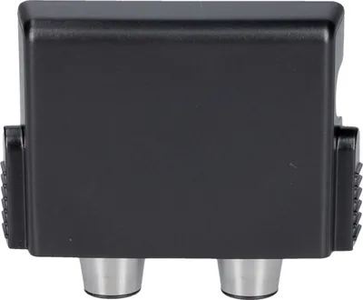 A black electronic component with two silver connectors at the bottom.