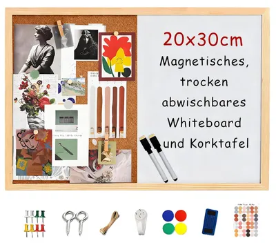 Produktbild von Kork-Pinnwand 20 x 30 cm mit Whiteboard und Holzrahmen, magnetische Memotafel für Zuhause, Büro, Schule