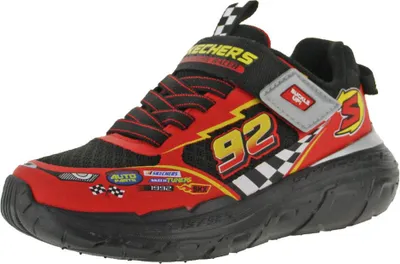 A single red and black children's sneaker with racing-themed graphics.