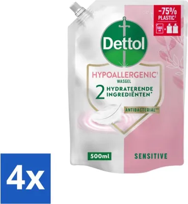 Zdjęcie produktu dla Opakowanie uzupełniające mydła do rąk Dettol - Hipoalergiczne - Wrażliwe - 500 ml - opakowanie wartościowe - 4 sztuki