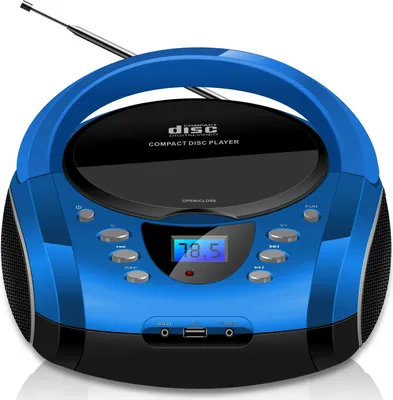A blue and black boombox with a CD player and radio display.