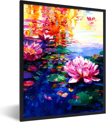 Produktbild von MuchoWow® Gerahmtes Poster Gemälde - Öl - Seerose - Wasser 30x40 cm - Poster mit Schwarzem Bilderrahmen Wandposter Rahmen Foto Bilder - Wanddeko - Kunstdrucke