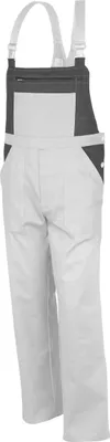 A pair of white and gray overalls against a white background.