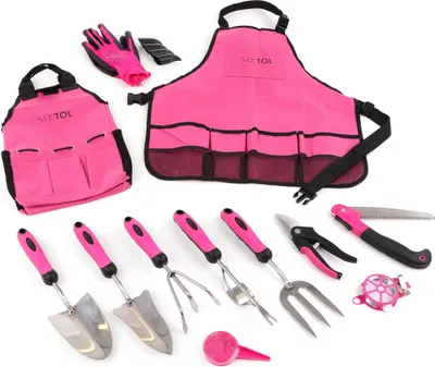 A set of pink gardening tools laid out on a white background.