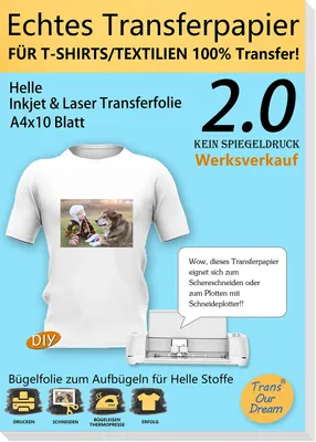 Transferpapier A4, 10 Blatt + Silikonpapier, für helle Textilien