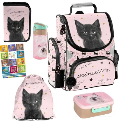 Produktbild von Schulranzen für Jungen und Mädchen, 6er-Set - Schul-Rucksack für Kinder mit Federmäppchen - Schuhbeutel Trinkflasche und Brotdose - Katze Motiv