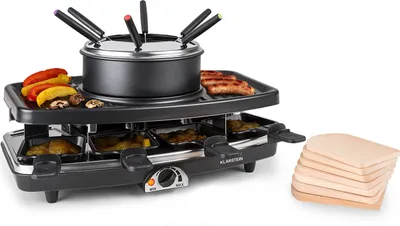 Produktbild von Klarstein 3-in-1 Raclette Fondue Kombi und Grill, 1100W Raclette-Fondue-Set mit Steinplatte, Elektrischer Fondue Raclette Grill für 8 Personen mit 8 Pfännchen & Fonduegabeln, Raclette-Gerät Elektrisch