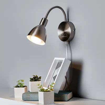 Produktbild von Lindby Modern Retro Wandleuchte Stahl / Silber / nickel matt inkl. Dimmer und Flexarm - Amrei Dimmer / Dimmbar / Innenbeleuchtung / Wohnzimmerlampe / Schlafzimmer / Küche Stahl Länglich LED geeignet E14 Max. 1 x 40 Watt