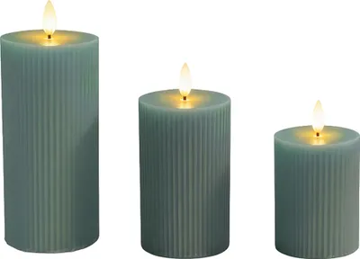Obrázok produktu pre Sada 3 ks LED sviečok Relaxdays, 3 veľkosti, blikajúci plameň, pravý vosk, s drážkami, elektrické sviečky bez plameňa, khaki