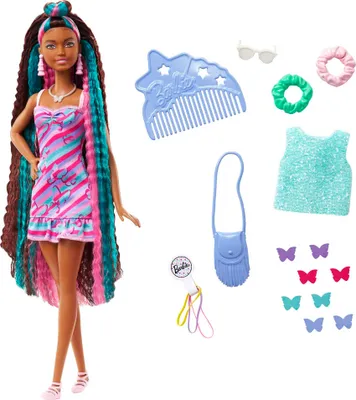 Image de Barbie Totally Hair Poupée au look papillon, cheveux longs de 21,6 cm, 15 accessoires, dès 3 ans