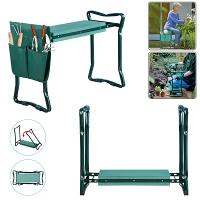 Obrázek produktu pro XMTECH 2 v 1 kolenní zahradní stolička skládací zahradní pracovní stolička ochrana kolen zahradní lavice do 150 kg s taškou na nářadí, tmavě zelená