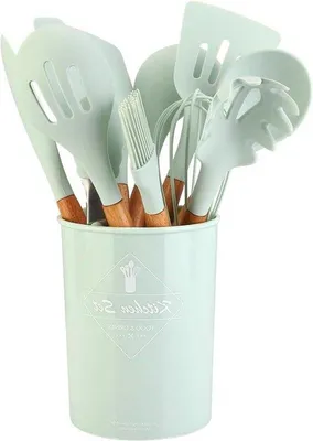 Produktbild von Silikon Kochgeschirr-Set 10-teilig hitzebeständig Holzgriffe Antihaft