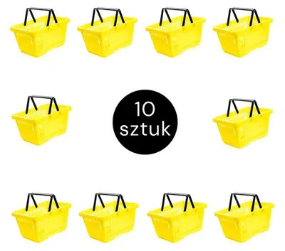 A collection of yellow shopping baskets arranged in rows on a white background.