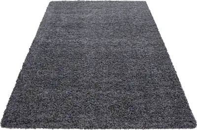 A dark gray shaggy rug is shown from a diagonal angle on a white background.
