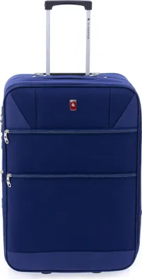 A studio shot of a blue suitcase with a retractable handle.