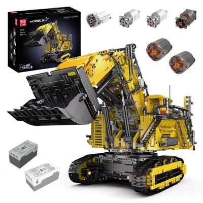 A large, yellow construction excavator toy set with its packaging and components displayed.