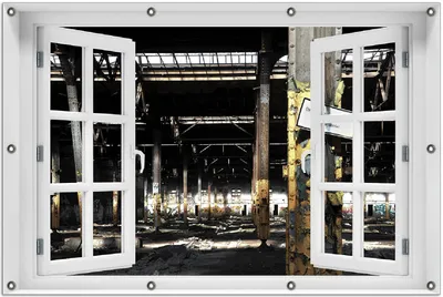 Produktbild von Wallario Outdoor-Poster für Garten oder Balkon 100 x 150 cm: Verlassene alte Fabrik-Halle mit leuchtenden Sonnenstrahlen
