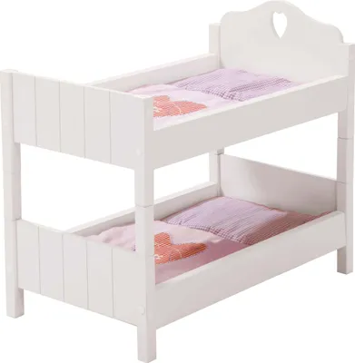 A white wooden doll bunk bed with pink bedding.