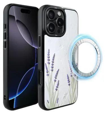 Zdjęcie produktu dla Etui do iPhone 16 Pro, kompatybilne z MagSafe, czarne matowe boki, kwiaty lawendy